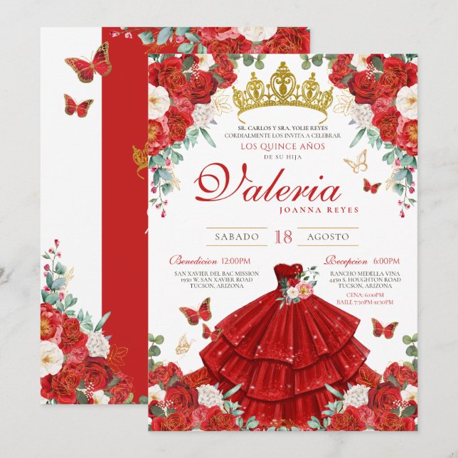Invitation Rose rouge Élégante princesse espagnole Quince Año (Devant / Derrière)