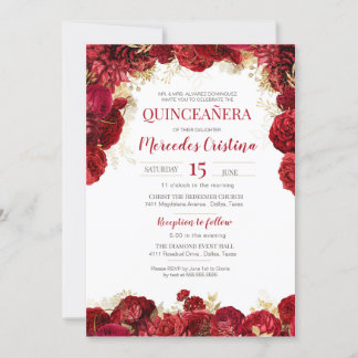Invitation Rose rouge Elégante Quinceanera Florale