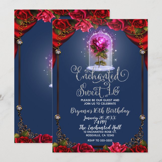 Invitation Rose rouge enchantée Beauté Anniversaire Soirée Sw (Devant / Derrière)