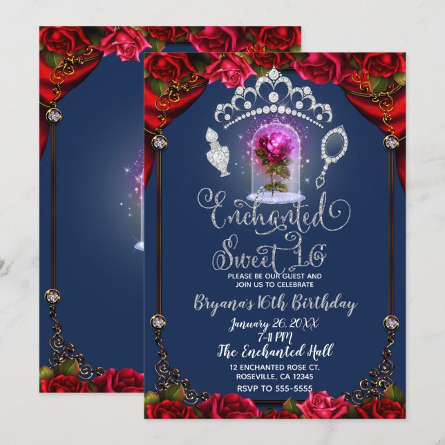 Invitation Rose rouge enchantée Beauté Sweet 16 fête d'annive (Devant / Derrière)
