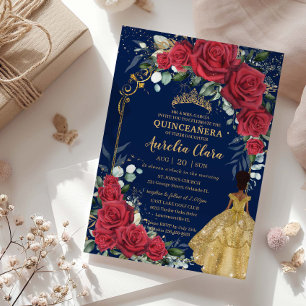 Invitation Rose rouge enchantée Floral Noir Brown Quinceañera