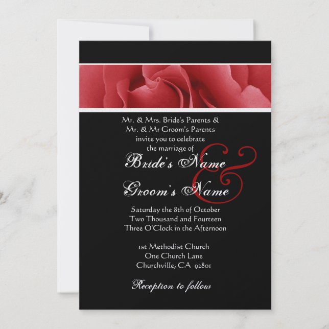 Invitation Rose rouge et Arrière - plan noir Mariage (Devant)