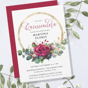 Invitation Rose rouge et Eucalyptus Élégant floral Quinceaner