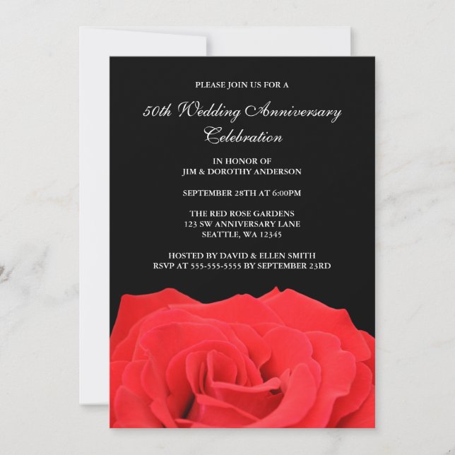 Invitation Rose rouge et noir 50e anniversaire de Mariage (Devant)