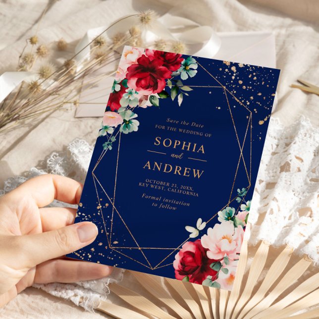 Invitation Rose rouge et or aquarelle florale Enregistrer la  (Créateur téléchargé)