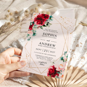 Invitation Rose rouge et or Aquarelle Mariage floral
