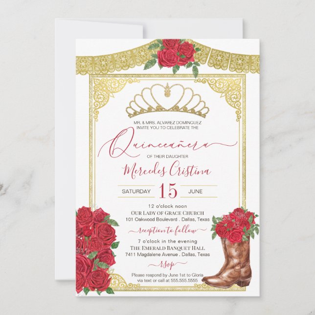 Invitation Rose rouge et or Charra Floral Boot Quinceanera In (Devant)