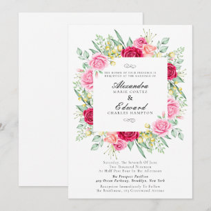 Invitation Rose rouge et rose, mariage des jardins