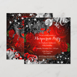 Invitation Rose Rouge Étincelle Nuit Magique Soirée Masquée