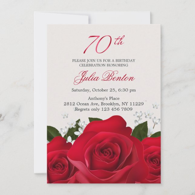 Invitation Rose rouge, fleurs blanches 70e anniversaire (Devant)