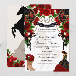 Invitation Rose rouge Floral Mariachi Charro Quinceanera