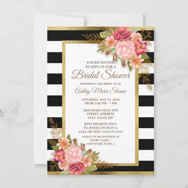 Invitation Rose Rouge Floral Noir Blancs Or Mariée (Devant)