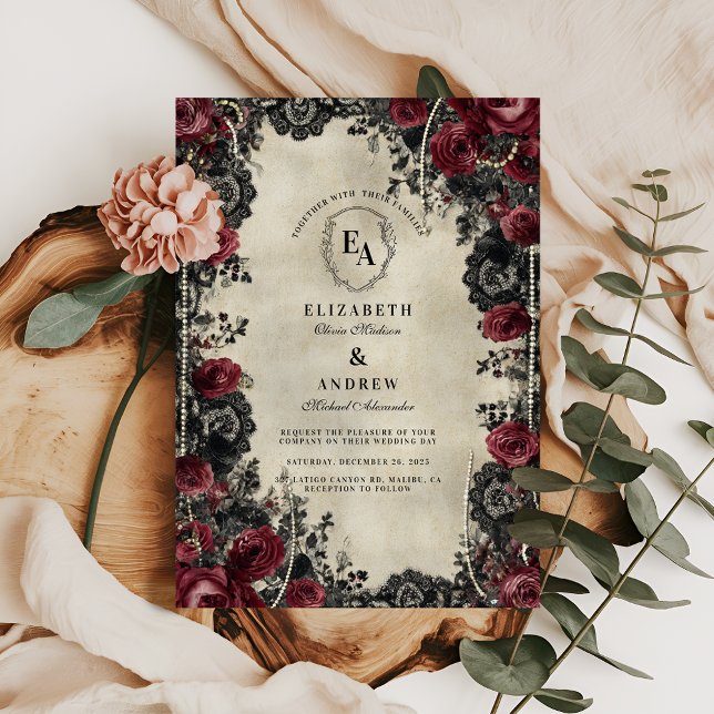 Invitation Rose rouge gothique et romance dentelle (Créateur téléchargé)