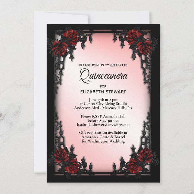 Invitation Rose rouge gothique Quinceañera Porte en fer rose (Devant)