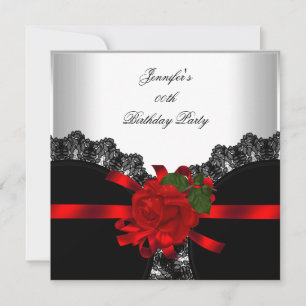 Invitation Rose Rouge Lacet Noir Argent Blanc Soirée