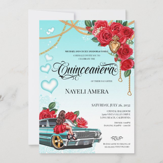 Invitation Rose rouge Lowrider Chola Chicano Quinceanera (Devant)