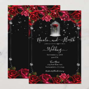 Invitation Rose rouge magique mariage blanc or argent noir
