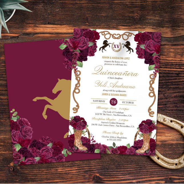 Invitation Rose rouge marron Floral Ouest Charra Quinceanera (Créateur téléchargé)
