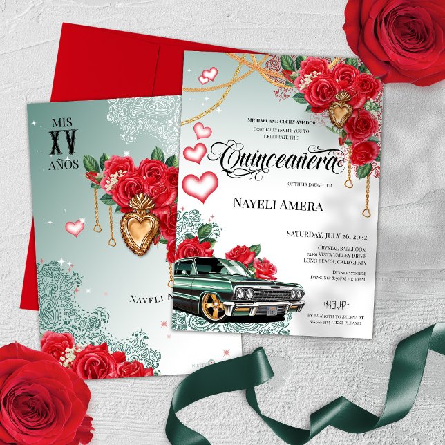 Invitation Rose rouge Mexicana Vert Lowrider Chola Quinceaner (Créateur téléchargé)