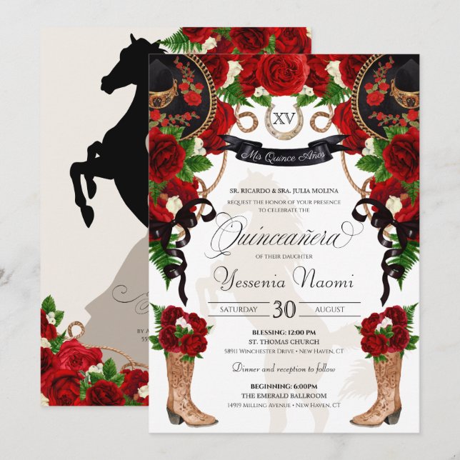 Invitation Rose rouge Noir Mariachi Ouest Charro Quinceanera (Devant / Derrière)