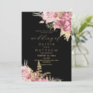 Invitation Rose Rouge Noir ⎮ Mariage Floral Moderne Or