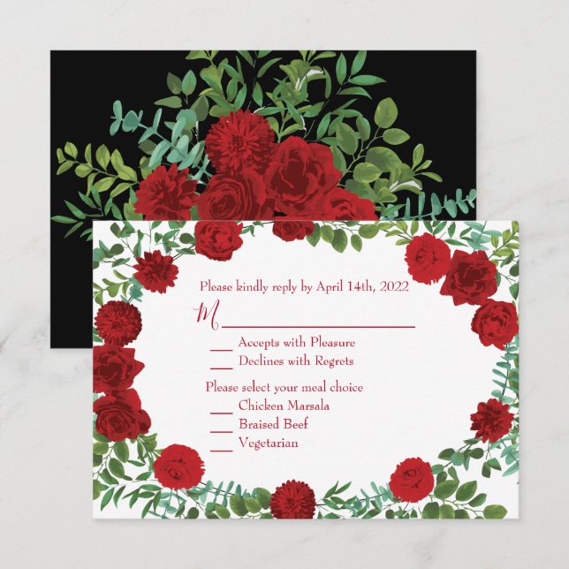Invitation Rose rouge noir Mariage gothique foncé (Devant / Derrière)