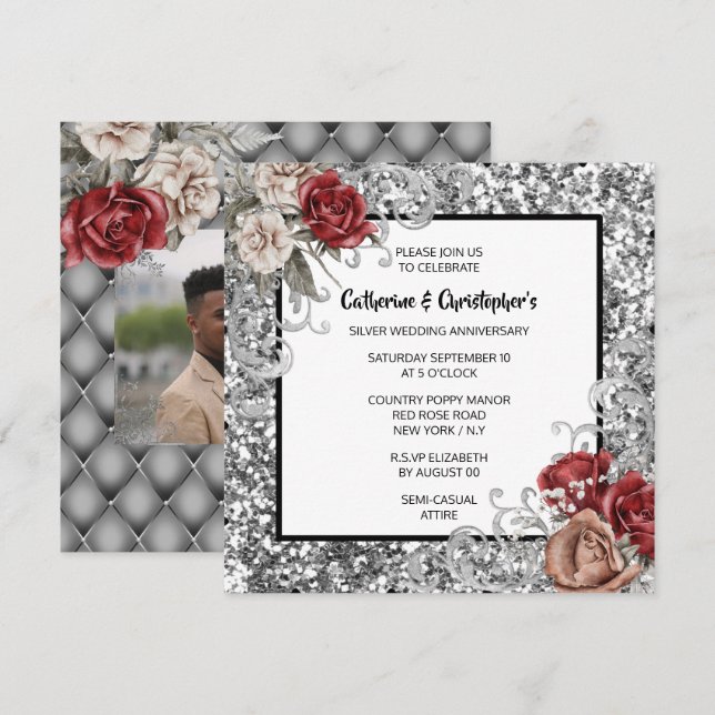 Invitation Rose rouge pailleté d'argent scintillement roses v (Devant / Derrière)
