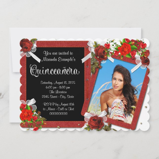 Invitation Rose rouge photo Quinceanera (Devant)