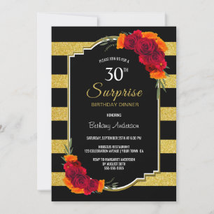 Invitation Rose rouge rayé Surprise 30e anniversaire Dîner