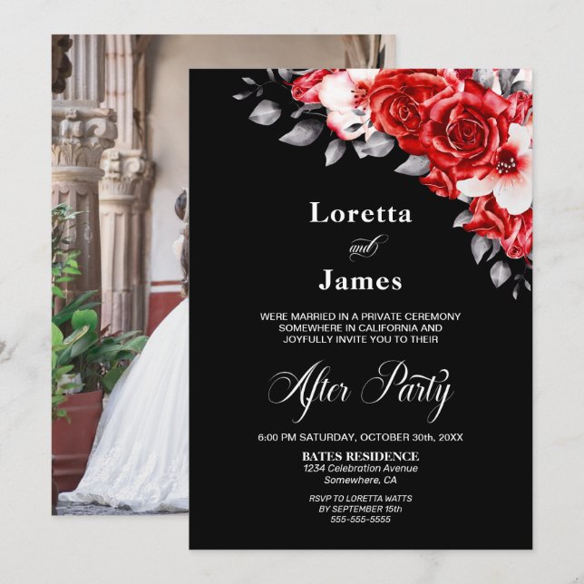 Invitation Rose rouge Réception de mariage Floral Photo (Devant / Derrière)