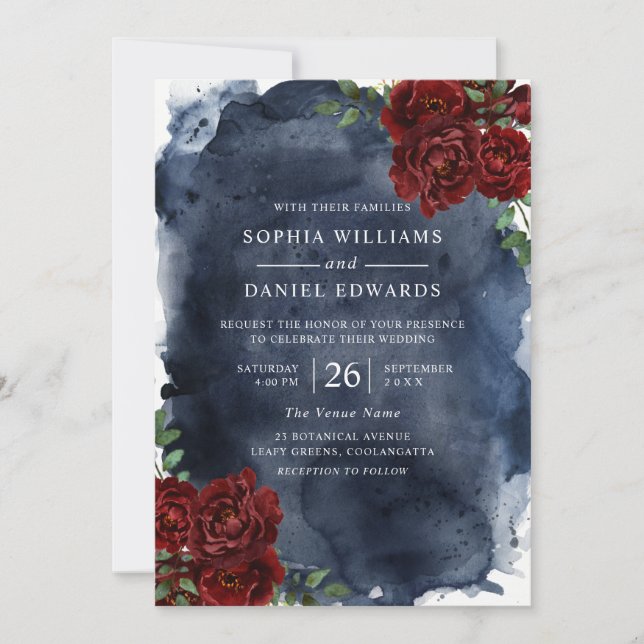 Invitation Rose rouge romantique et Mariage d'aquarelle marin (Devant)