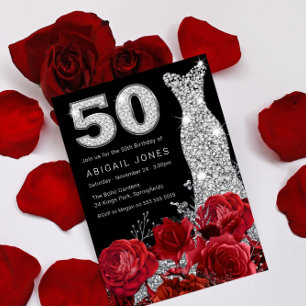 Invitation Rose rouge Silver Diamond Numéro Robe 50e Annivers