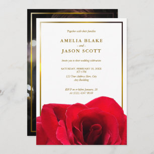 Invitation Rose rouge sur blanc Cadre Gold avec Mariage pho