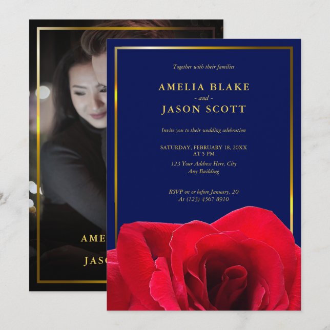 Invitation Rose rouge sur bleu profond | Mariage photo Gold F (Devant / Derrière)