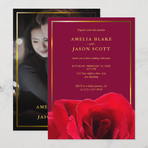 Invitation Rose rouge sur rose profond Mariage photo Gold F