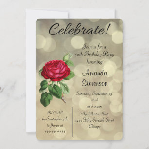 Invitation Rose rouge sur un Golden Bokeh illuminations Anniv