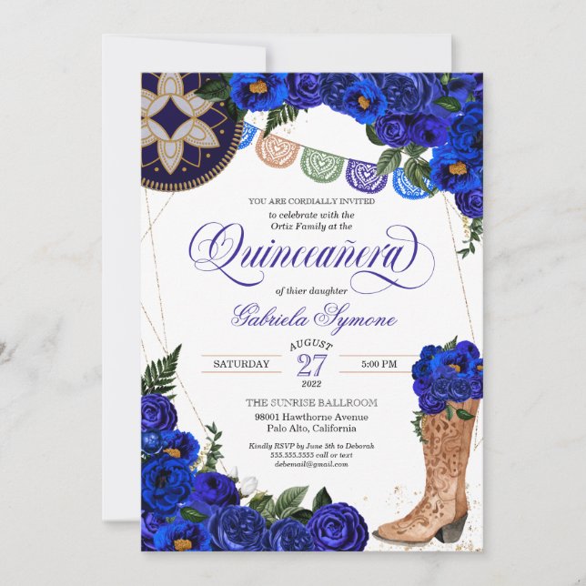 Invitation Rose Royal Blue Charra Cowgirl Western Quinceañera (Devant)