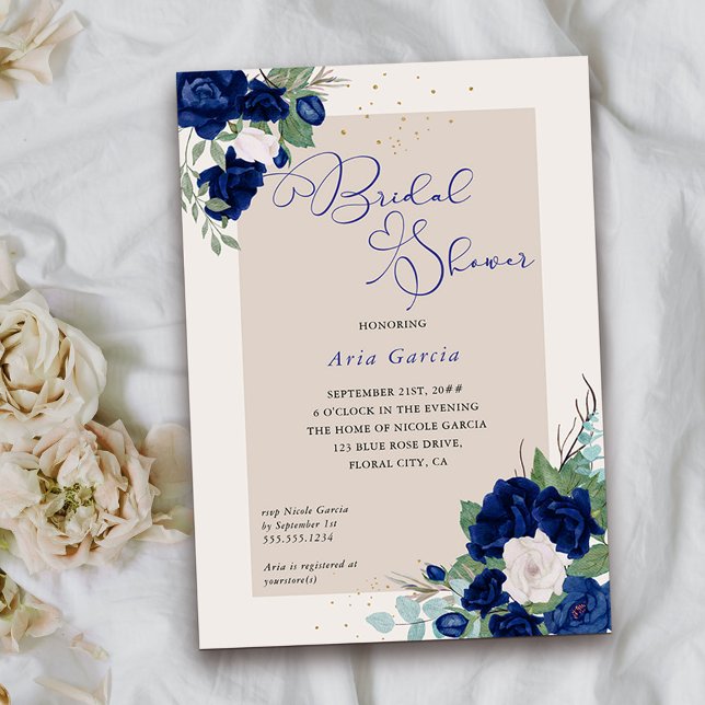 Invitation Rose Royal Blue Ivory Floral Fête des mariées (Bridal Shower from my Royal Roses collection)