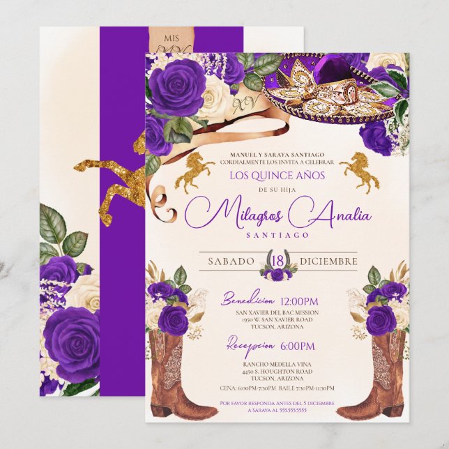 Invitation Rose Royal violet Mariachi Elegant Western Charro (Devant / Derrière)