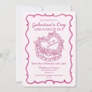 Invitation Rose Ruban Rétro Cœur Coquette Gâteau Galentine