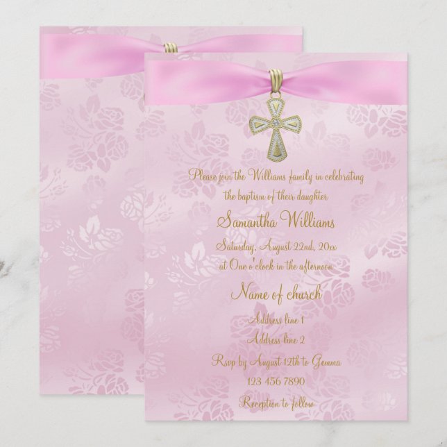Invitation Rose, Ruban rose et Baptême de la Croix d'or (Devant / Derrière)