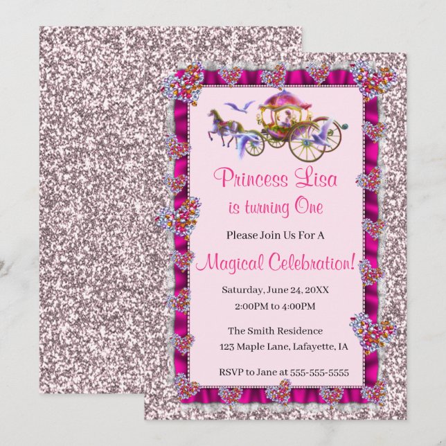 Invitation Rose Ruban rose Parties scintillant Royal Princess (Devant / Derrière)