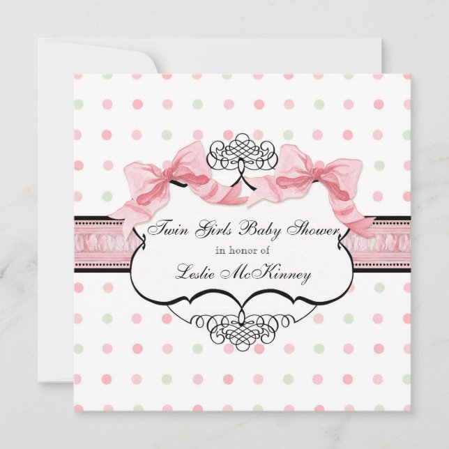 Invitation Rose Ruban Twin Girls Français Bow Dot Swirl (Devant)