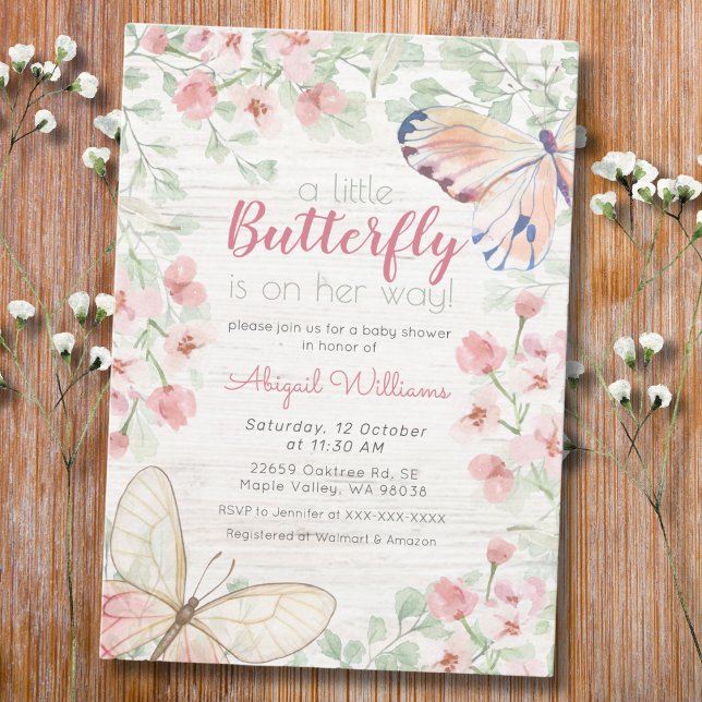 Invitation Rose Rustique Aquarelle Papillon Fille Baby shower (Créateur téléchargé)