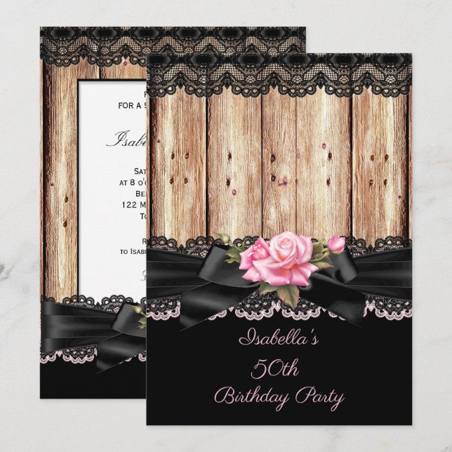 Invitation Rose rustique bois rose Black Lace arc 50e anniver (Devant / Derrière)