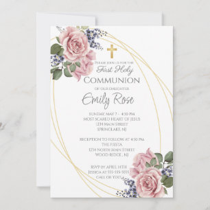 Invitation Rose Rustique Floral Première Sainte Communion Inv