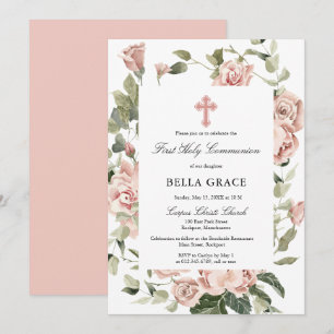 Invitation Rose Rustique Floral Première Sainte Communion Inv