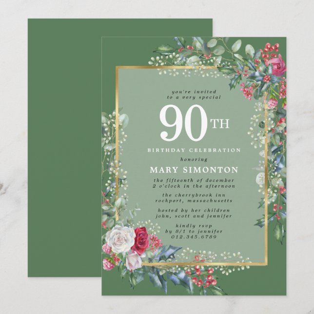 Invitation Rose rustique Holly Berries 90e fête d'anniversair (Devant / Derrière)