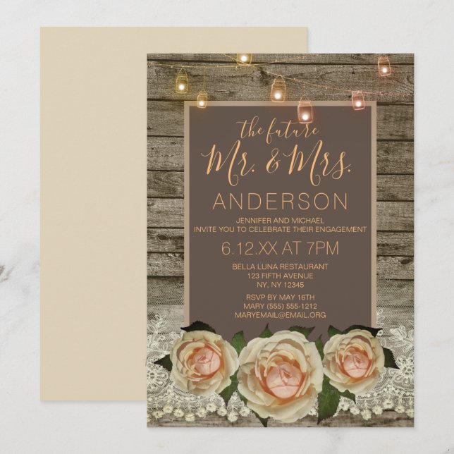 Invitation Rose rustique Lace Mason Jar String Fiançailles (Devant / Derrière)