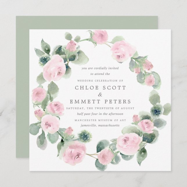 Invitation Rose Rustique Rose Floral Eucalyptus Mariage (Devant / Derrière)